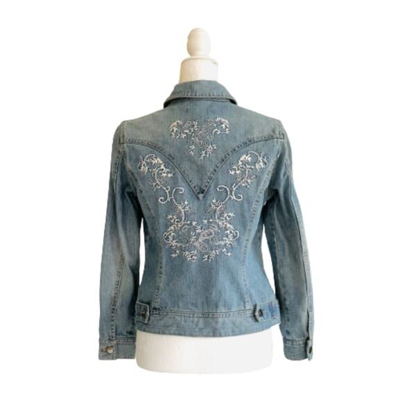 Coldwater Creek Jean Jacket Light Wash Distressed White Embroidered Denim  4P - Picture 5 of 12